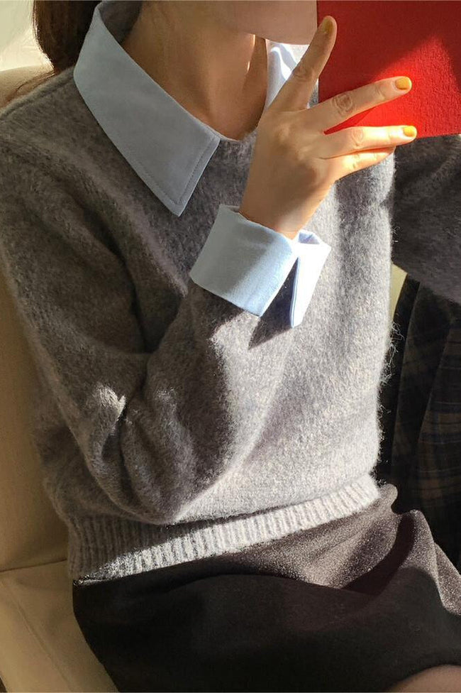 Layered Look Collared Knit Sweater Grey / One Size Main image