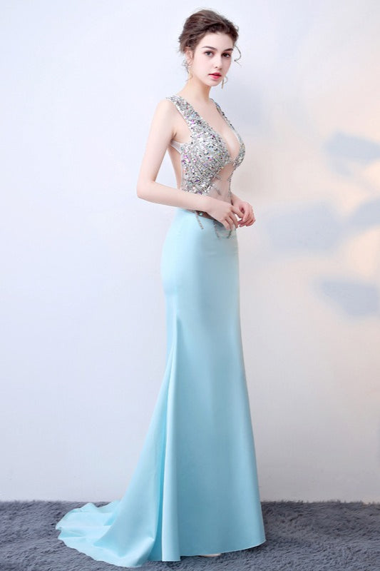 Sheer Blue Deep V Neck Maxi Party Dress Secondary image