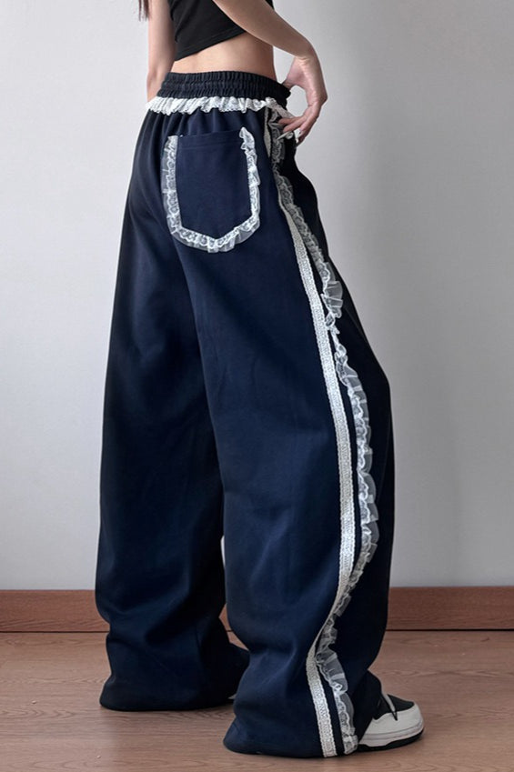 Lace Trim Wide Leg High Waist Pants Secondary image