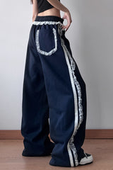 Lace Trim Wide Leg High Waist Pants