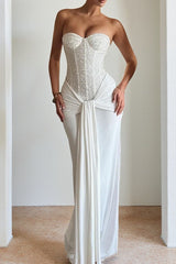 Ribbon Strapless Corset Maxi Evening Prom Dress