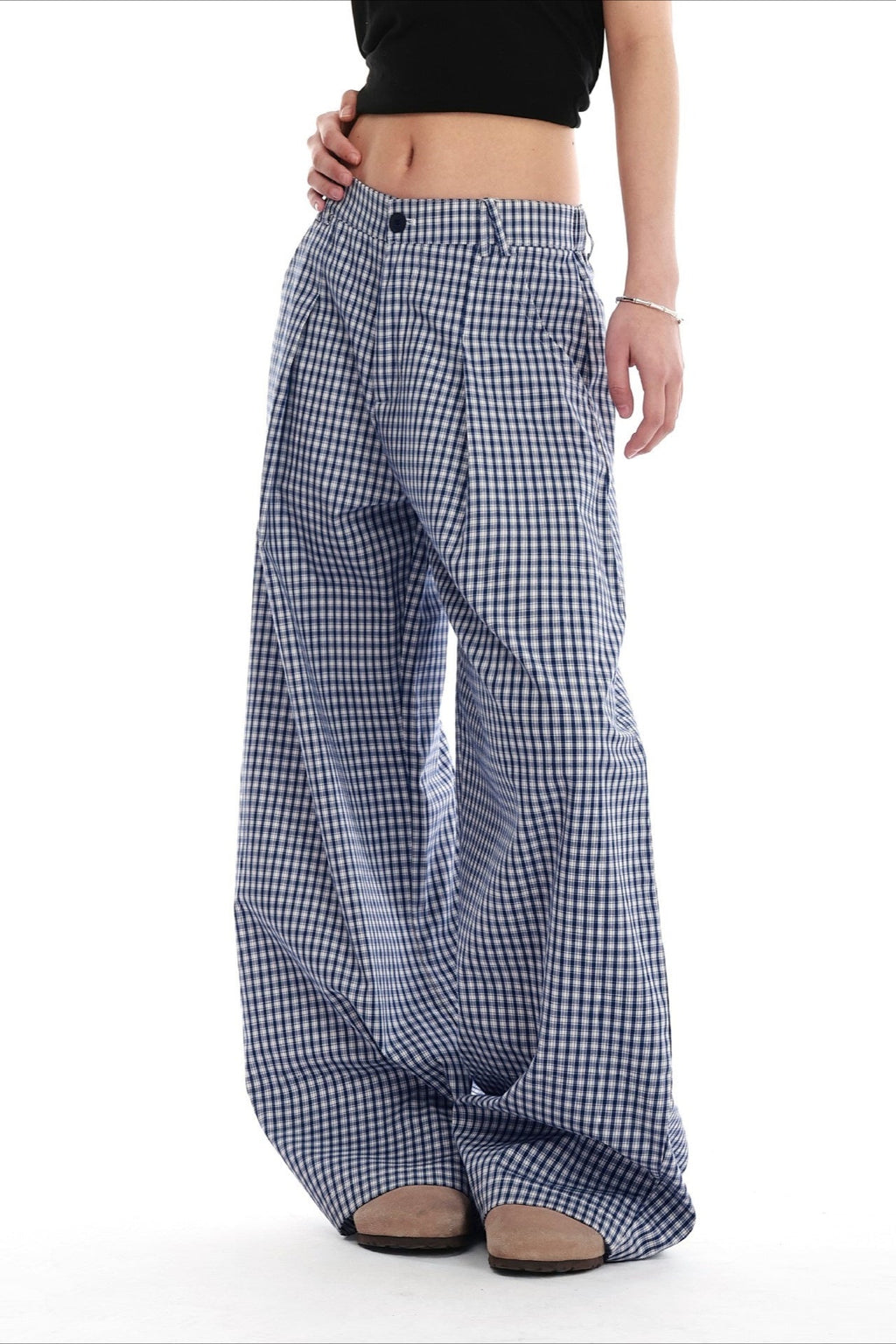 Blue Plaid Pleated Wide Leg Pants