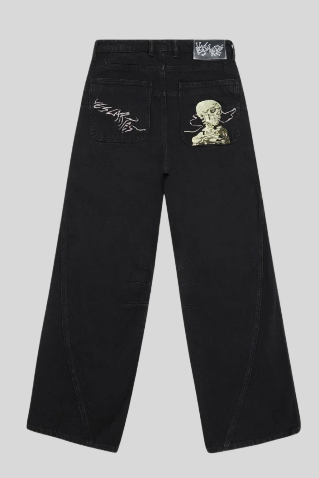 Skeleton Embroidered Wide Leg Black Jeans