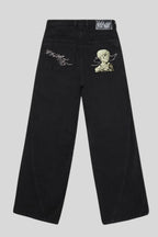 Skeleton Embroidered Wide Leg Black Jeans
