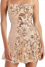 Floral Sequin Bustier Lace Up Cocktail Dress