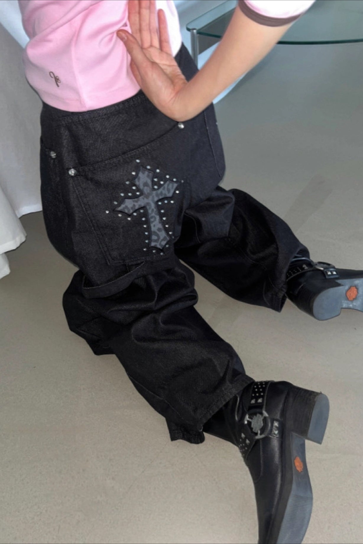 Black Leopard Cross Graphic Loose Curved Leg Jeans