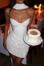 Sequin Draped Scarf Strapless Cocktail Dress