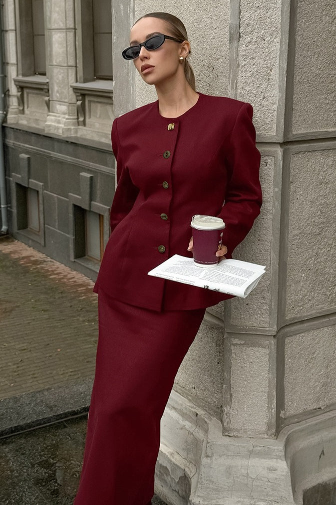 Wine Red Tie Waist Two Piece Blazer Skirt Set Secondary image