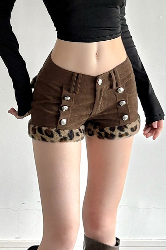 Leopard Faux Fur Patchwork Low Rise Corduroy Shorts Main image
