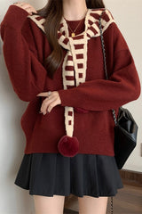 Striped Shawl Collar Pom Pom Solid Sweater