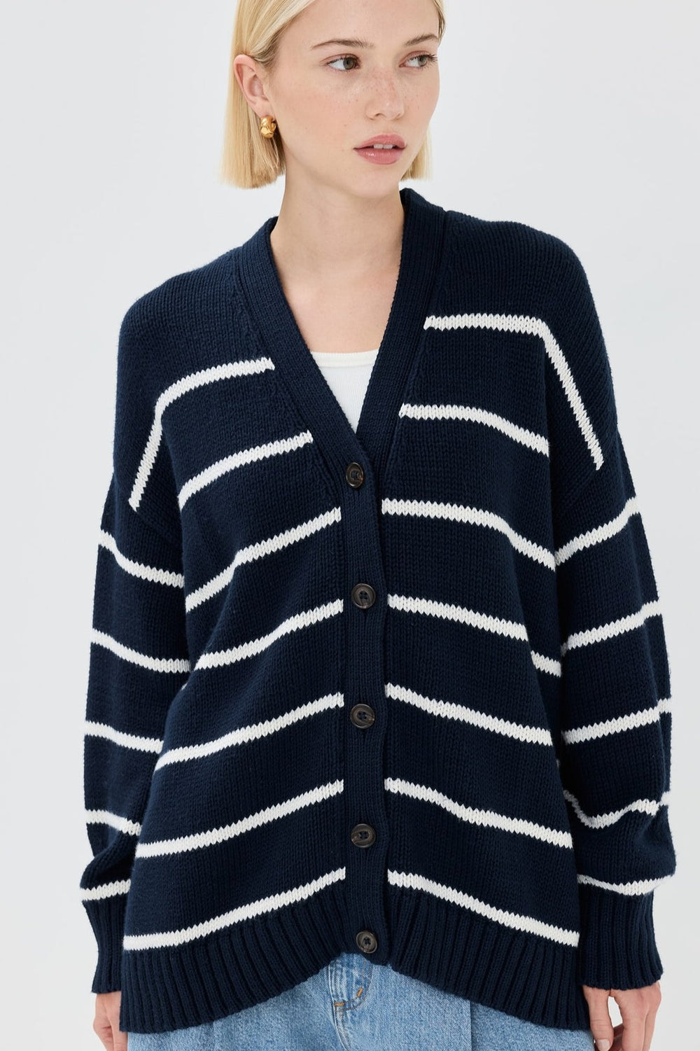 V Neck Striped Cotton Sweater