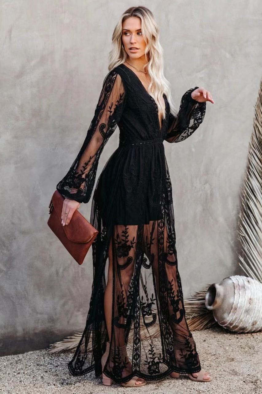 Embroidery V Neck Lace Maxi Boho Dress Secondary image