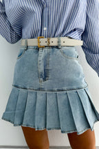 Pleated Paneled Denim Mini Skirt