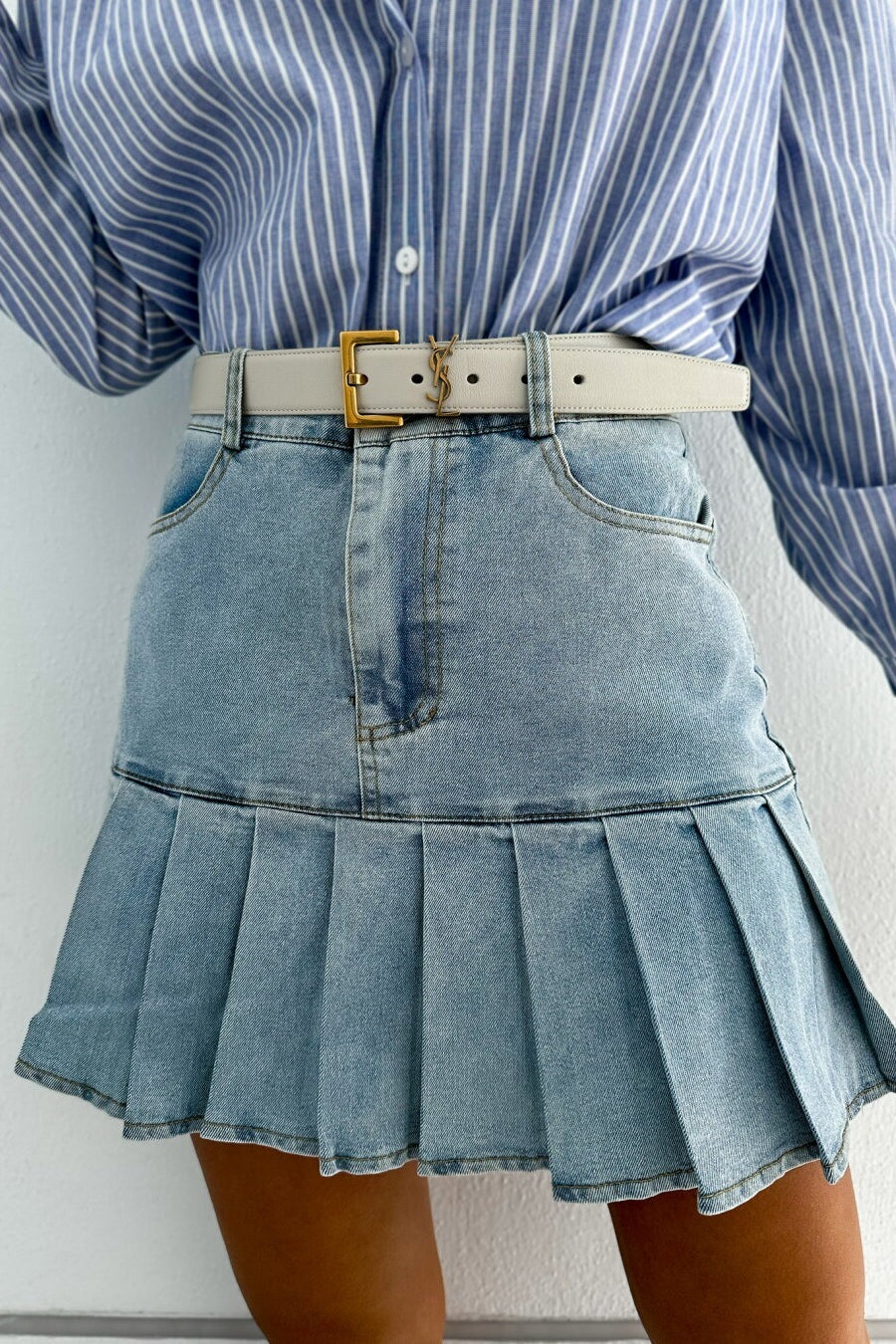 Pleated Paneled Denim Mini Skirt
