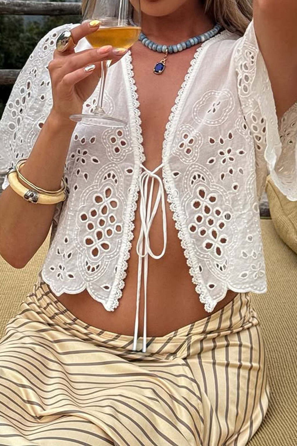White Hollow Out Flutter Sleeve Vacation Blouse