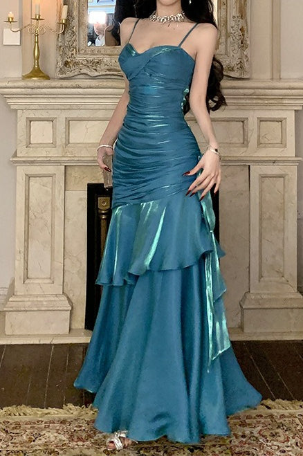 Satin Ruffle Trim Party Dress S / Blue Main image