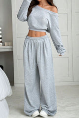 Casual Ribbed Off Shoulder Crop Sweatshirt Pants Set