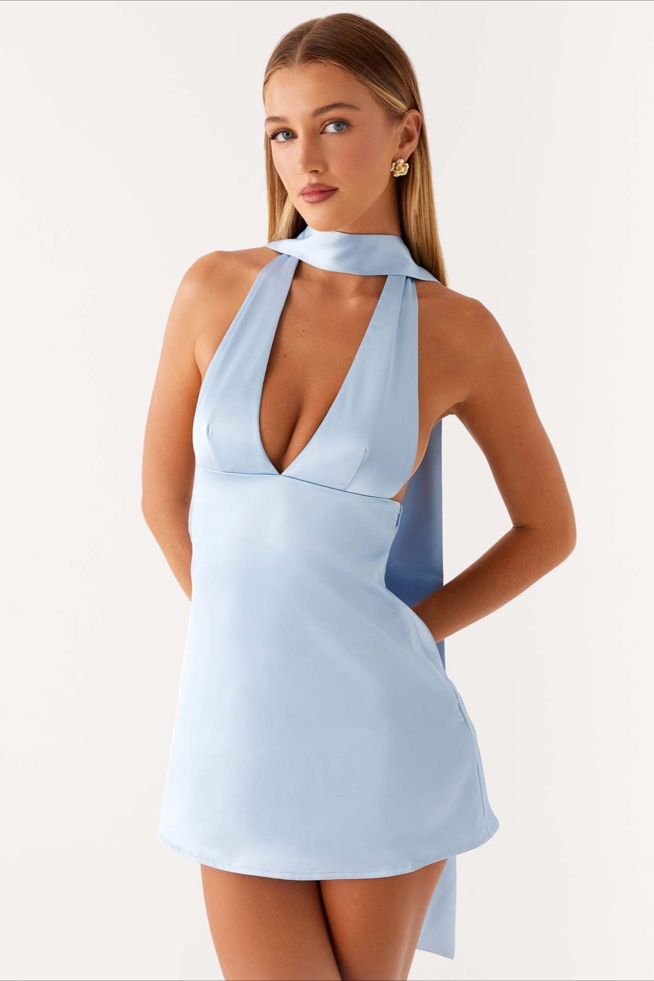 Deep V Backless Ribbon Cocktail Dress S / Blue Main image
