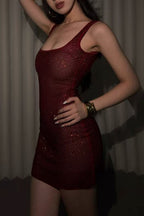 U Neck Rhinestone Slip Mini Dress