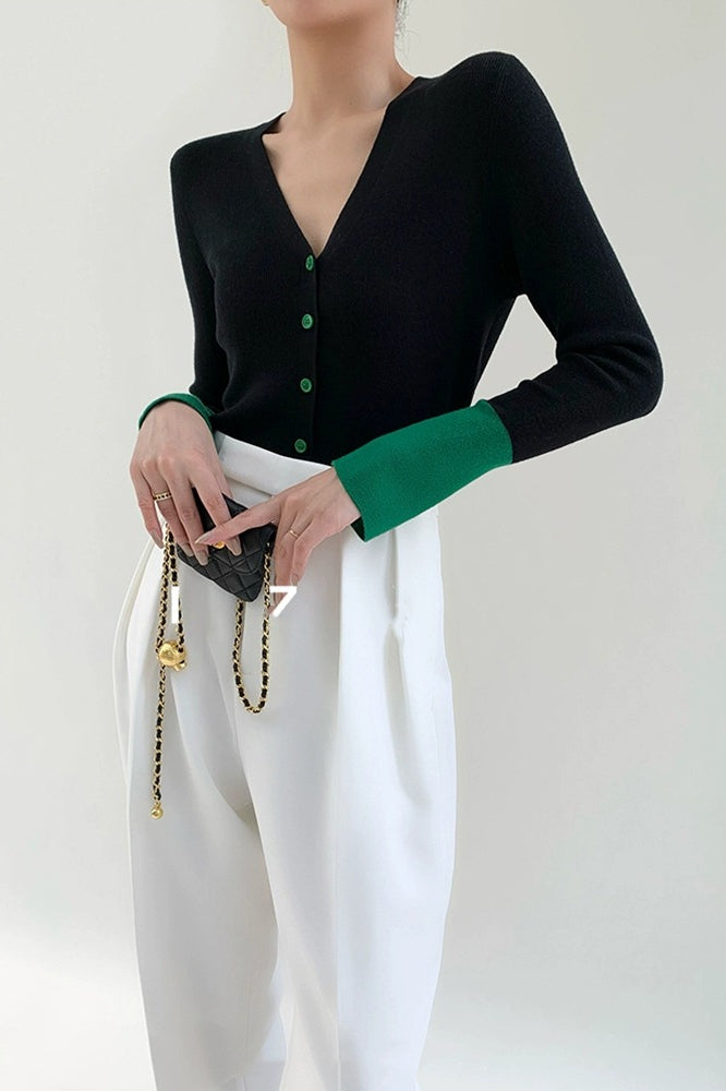Flare Sleeve Colorblock Knit V Neck Cardigan