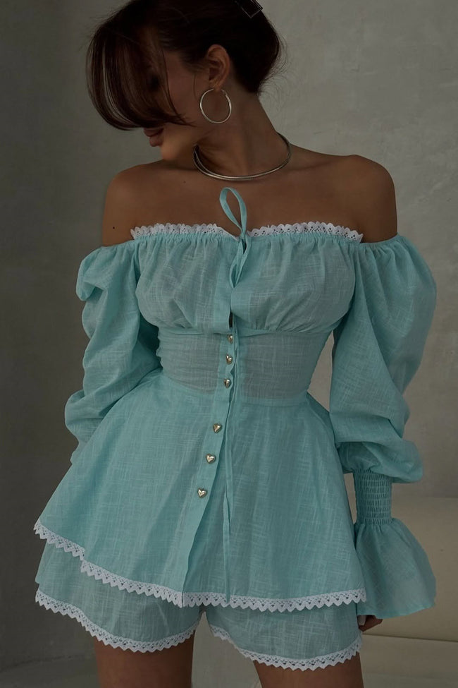 Lantern Sleeve Lace Up Off Shoulder Top Two Piece Shorts Set Main image
