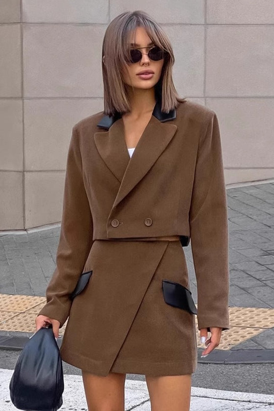 Brown Tweed Two Piece Blazer Skirt Set Secondary image