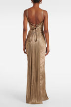 Metallic Pleated Tie Back Formal Dress