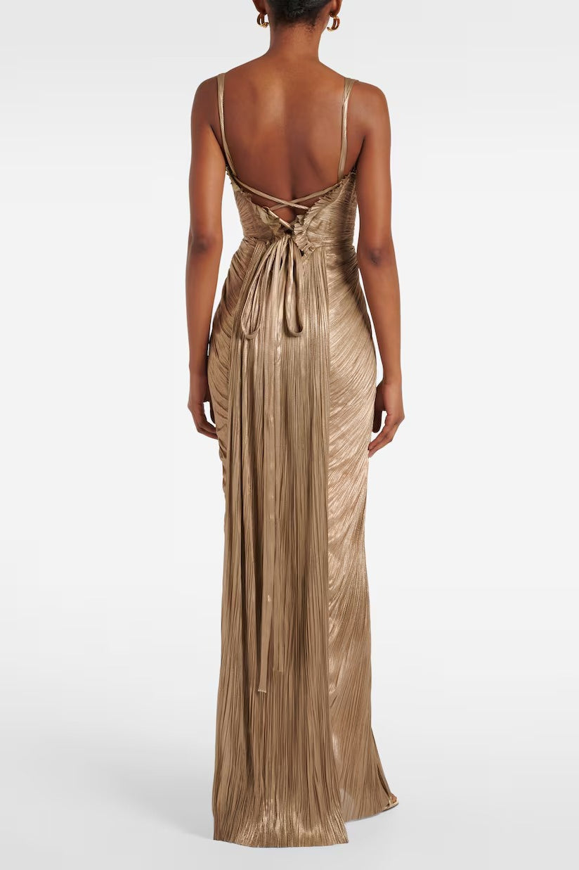 Metallic Pleated Tie Back Formal Dress