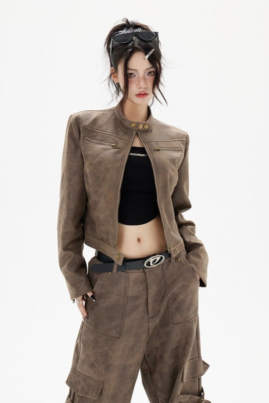 Cropped Biker Style Leather Jacket Main image
