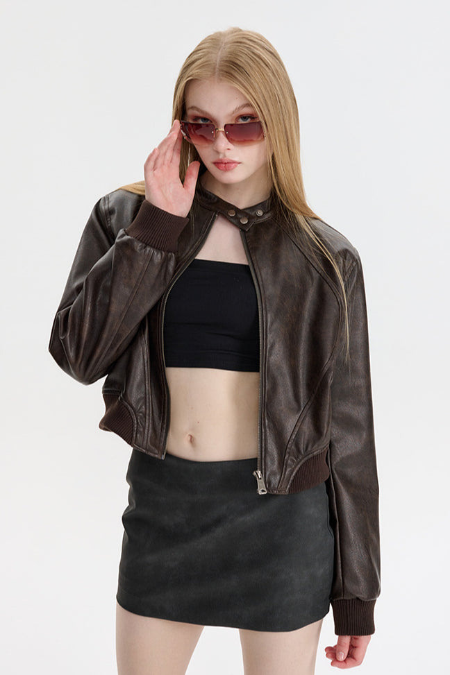 PU Leather Zip Up Bomber Jacket Secondary image