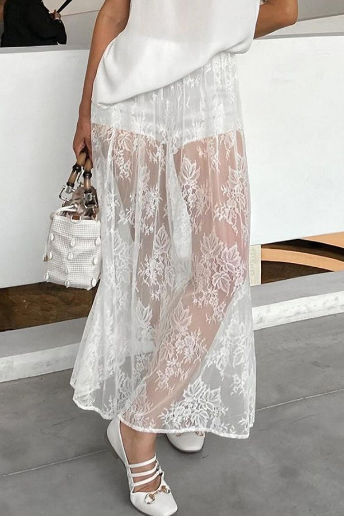 Sexy Sheer Brocade Lace White Jacquard Maxi Skirt Secondary image
