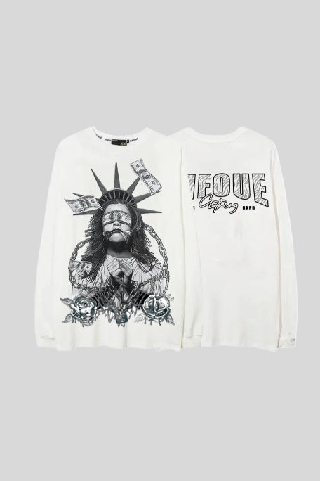 Statue Money Graphic Oversized Crew Neck Sweatshirt
