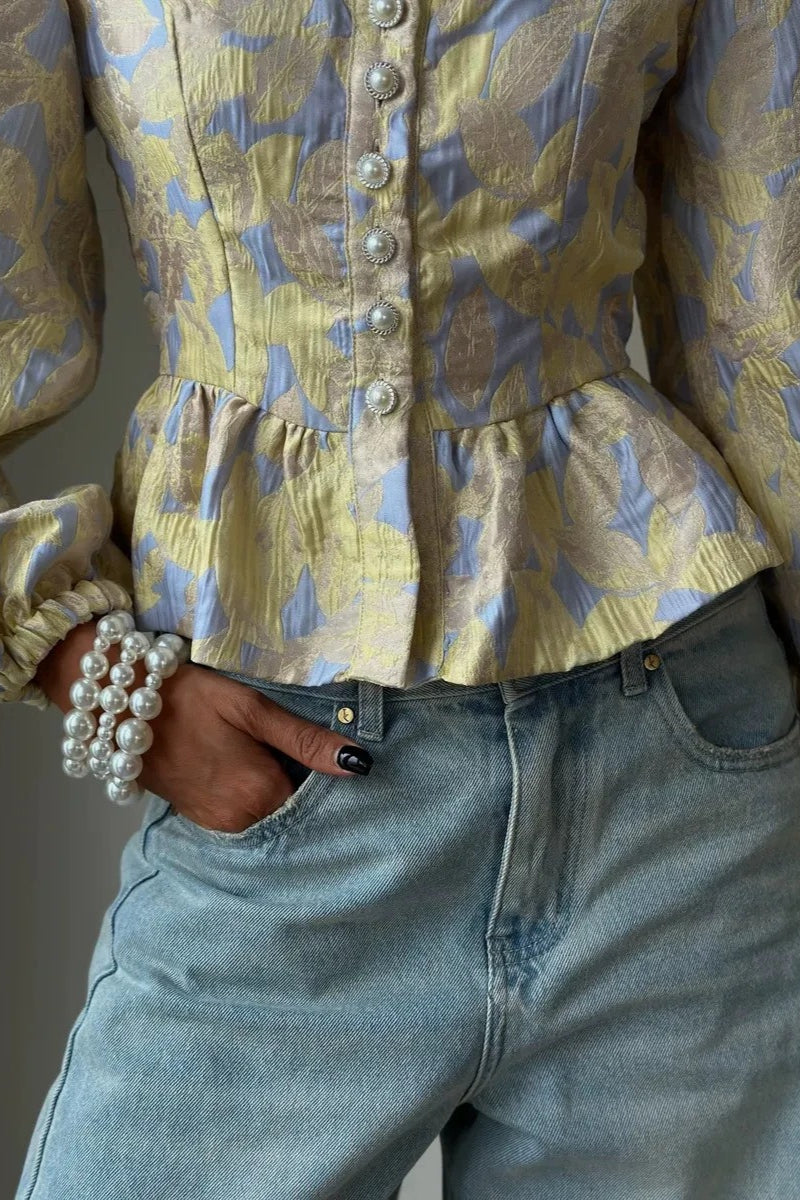 Floral Jacquard Square Neck Peplum Blouse