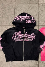 Rhinestone Script Zip Up Hoodie