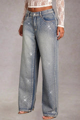 Full Rhinestone High Waist Wide Leg Denim Jeans