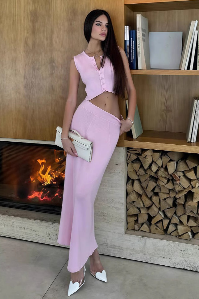 Pink Knit Sleeveless Cardigan Crop Top High Waist Skirt Set Main image