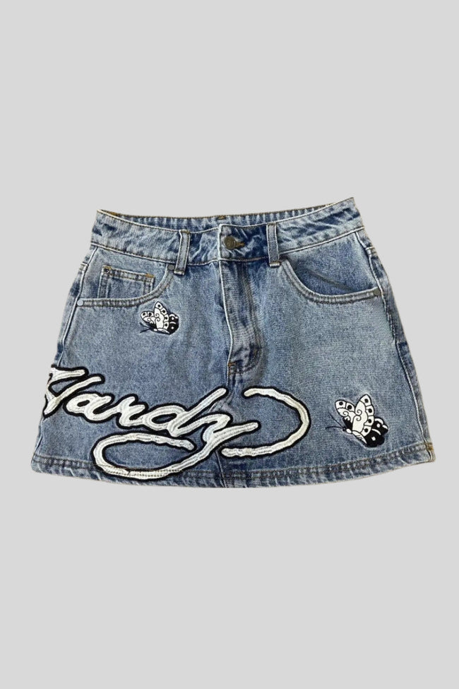 Y2K Embroidered Typography Denim Mini Skirt Main image