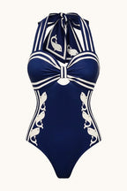 Navy Halter Strappy High Waist One Piece Swimwear