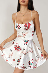 Sexy Christmas Print Drawstring Open Back Spaghetti Mini Dress
