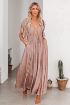 Button Front Drawstring Waist Maxi Boho Dress