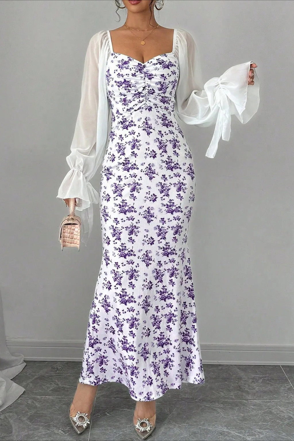 Chiffon Knit Patchwork V Neck Bodycon Floral Dress