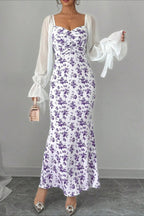 Chiffon Knit Patchwork V Neck Bodycon Floral Dress