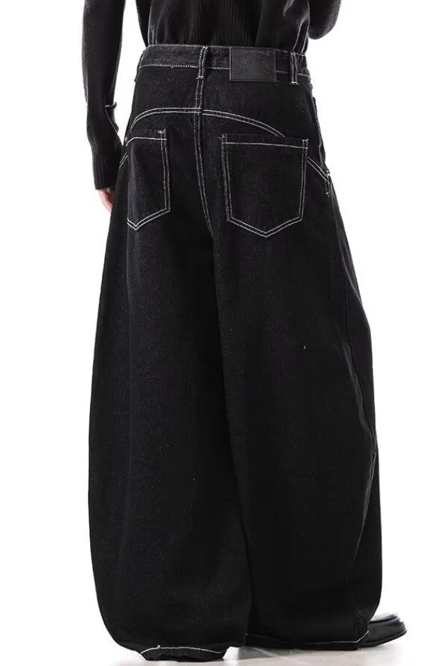Deep Wash Draped Wide Leg Denim Jeans