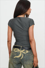 Vintage Square Neck Two Way Zip Stripe Crop Top