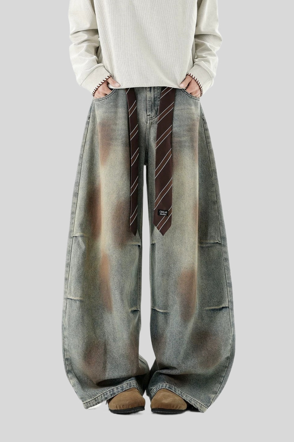 Dirty Wash Strap Wide Leg Jeans