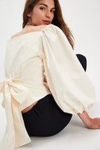 Corset Back Bow Puff Sleeve Blouse