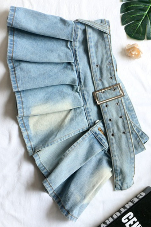 Belted Pleated Denim Mini Skirt