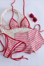 Striped Boyshort High Waist Three Piece Swim Set