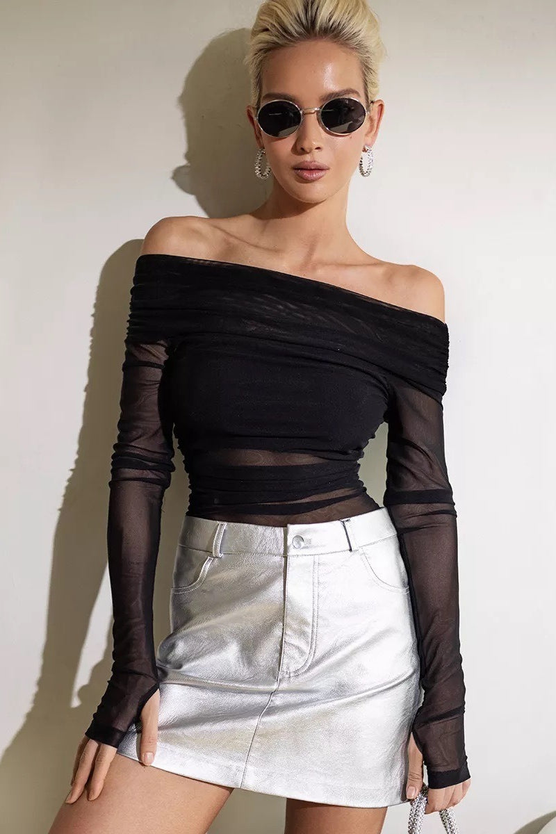 Off Shoulder Sheer Mesh Slim Fit Long Sleeve Tee Secondary image