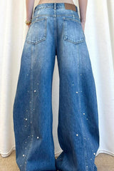 Pearl Embellished High Waisted Wide Leg Jeans